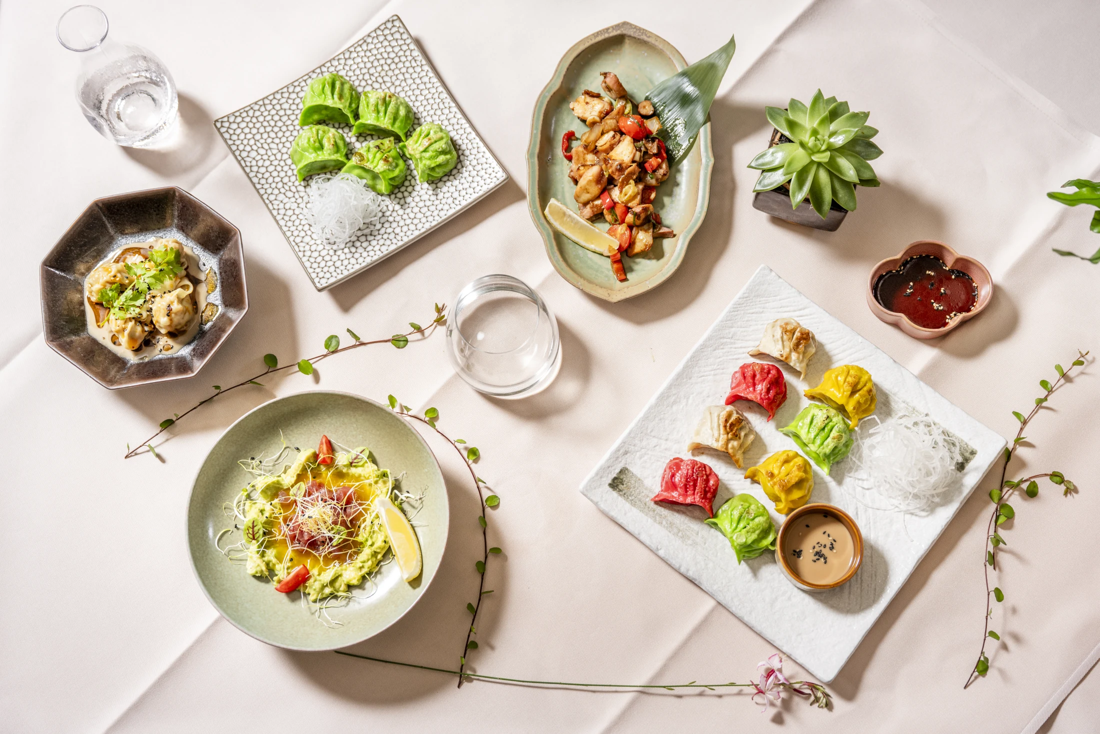 Handgefaltete bunte MOJI Dumplings, Gyozas, Wontons und asiatische Spezialitäten