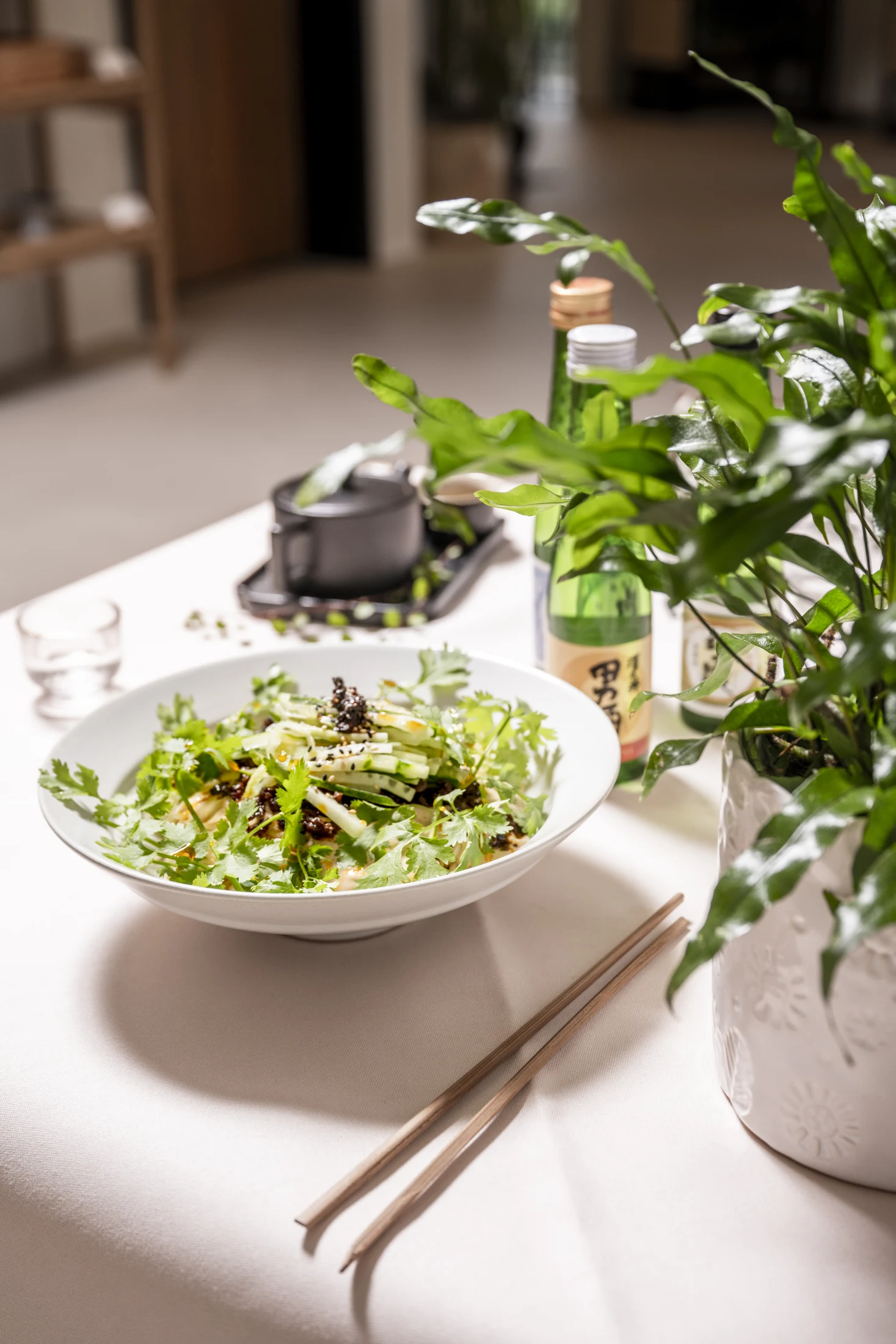 Cremige Tofu-Rind-Nudeln mit frischem Koriander und Gurkenstreifen